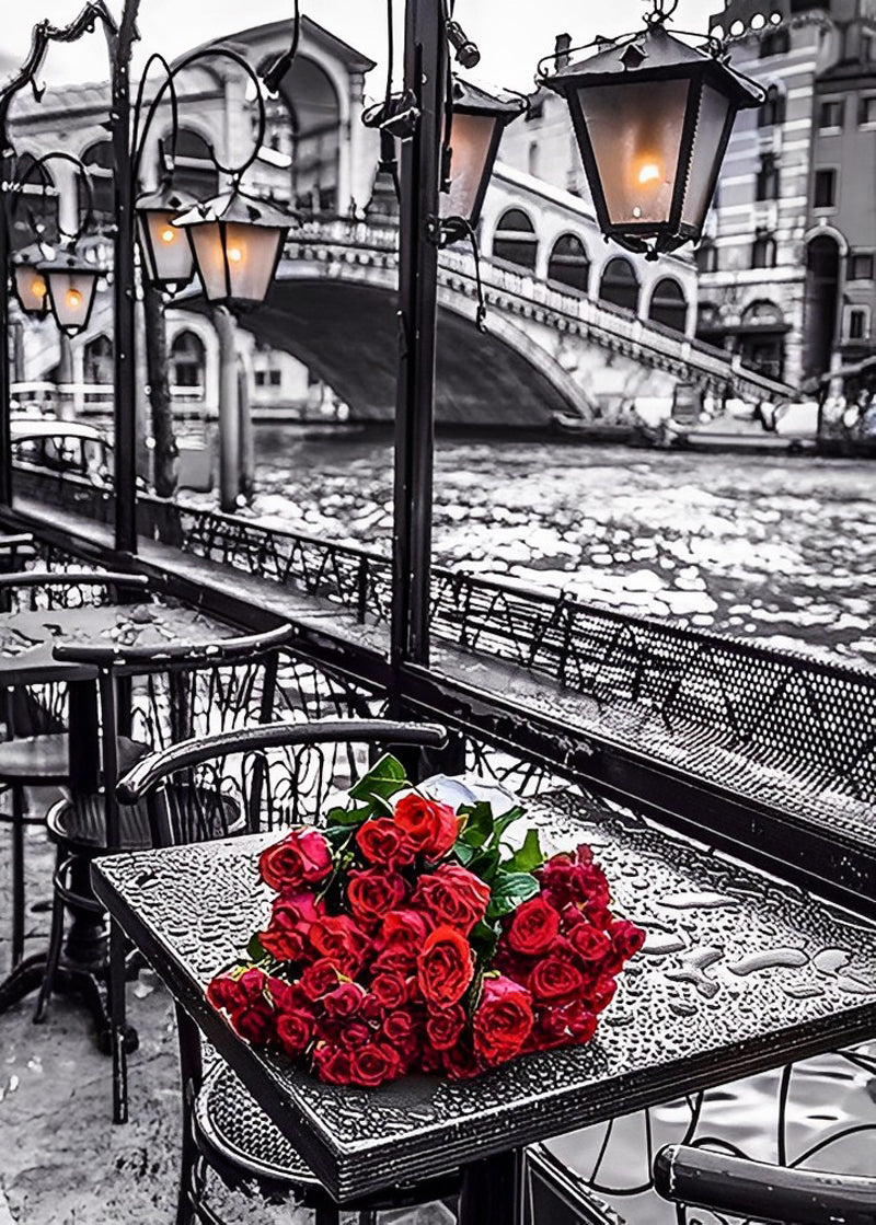 Un Bouquet de Roses Rouges et le Pont Broderie Diamant
