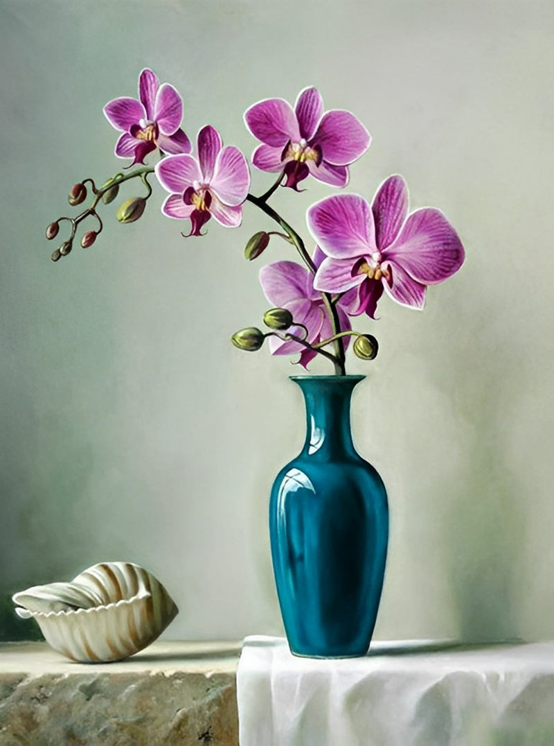 Une Branche de Orchidées Violettes dans le Vase Bleu Broderie Diamant