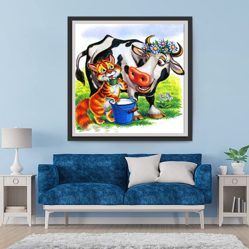 Vache avec un Couronne et Chat Tigré Broderie Diamant