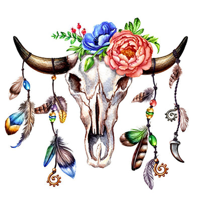 Vache Squelette avec des Fleurs Broderie Diamant