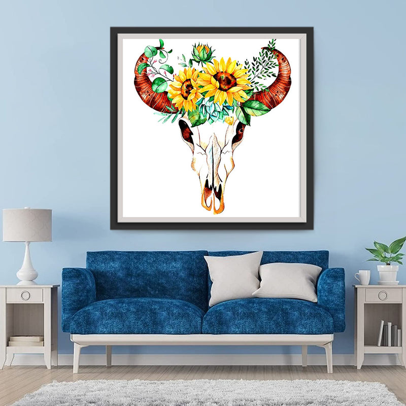 Vache Squelette avec des Tournesols Broderie Diamant