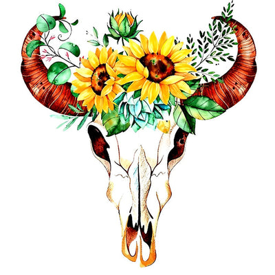 Vache Squelette avec des Tournesols Broderie Diamant
