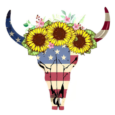 Vache Squelette de Motifs d'Etats-Unis avec Couronne de Tournesols Broderie Diamant