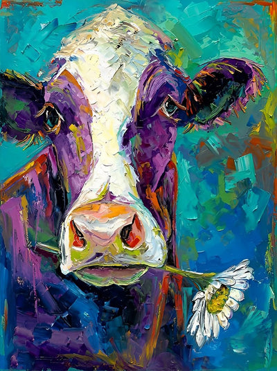 Vache Tenant une Marguerite Broderie Diamant
