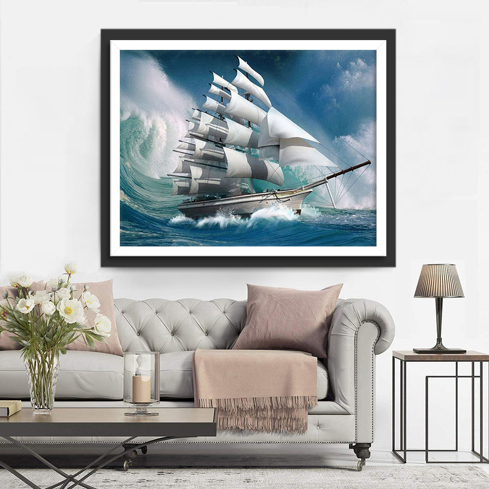 Vagues et Voilier Broderie Diamant