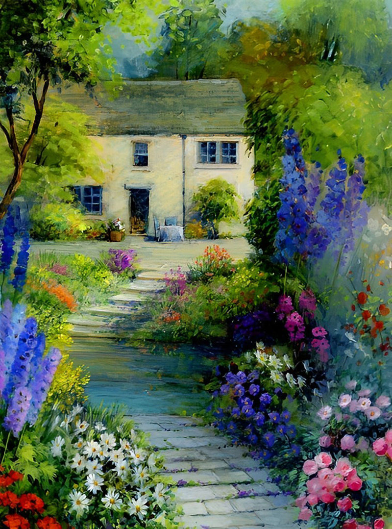Vieille Maison et Allée de Fleurs Broderie Diamant