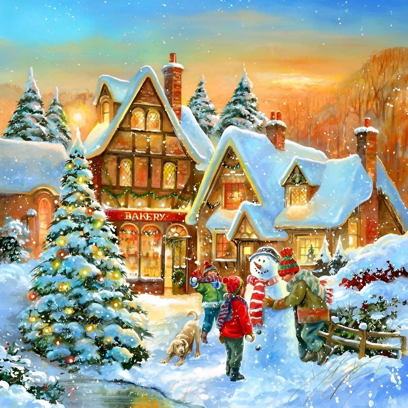 Village de Bonshommes de Neige Broderie Diamant