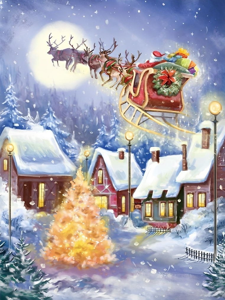 Village de Noël et Sapin de Noël Doré Broderie Diamant