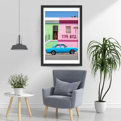 Voiture Bleue et la Maison Rose et Verte Broderie Diamant