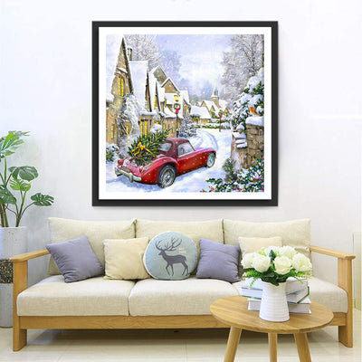 Voiture Rouge dans le Village à Noël Broderie Diamant