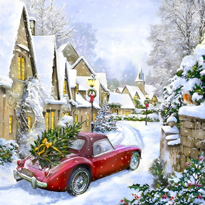 Voiture Rouge dans le Village à Noël Broderie Diamant