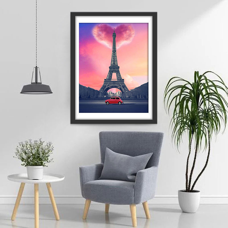Voiture Rouge devant Tour Eiffel avec de Nuage de Cœur Broderie Diamant