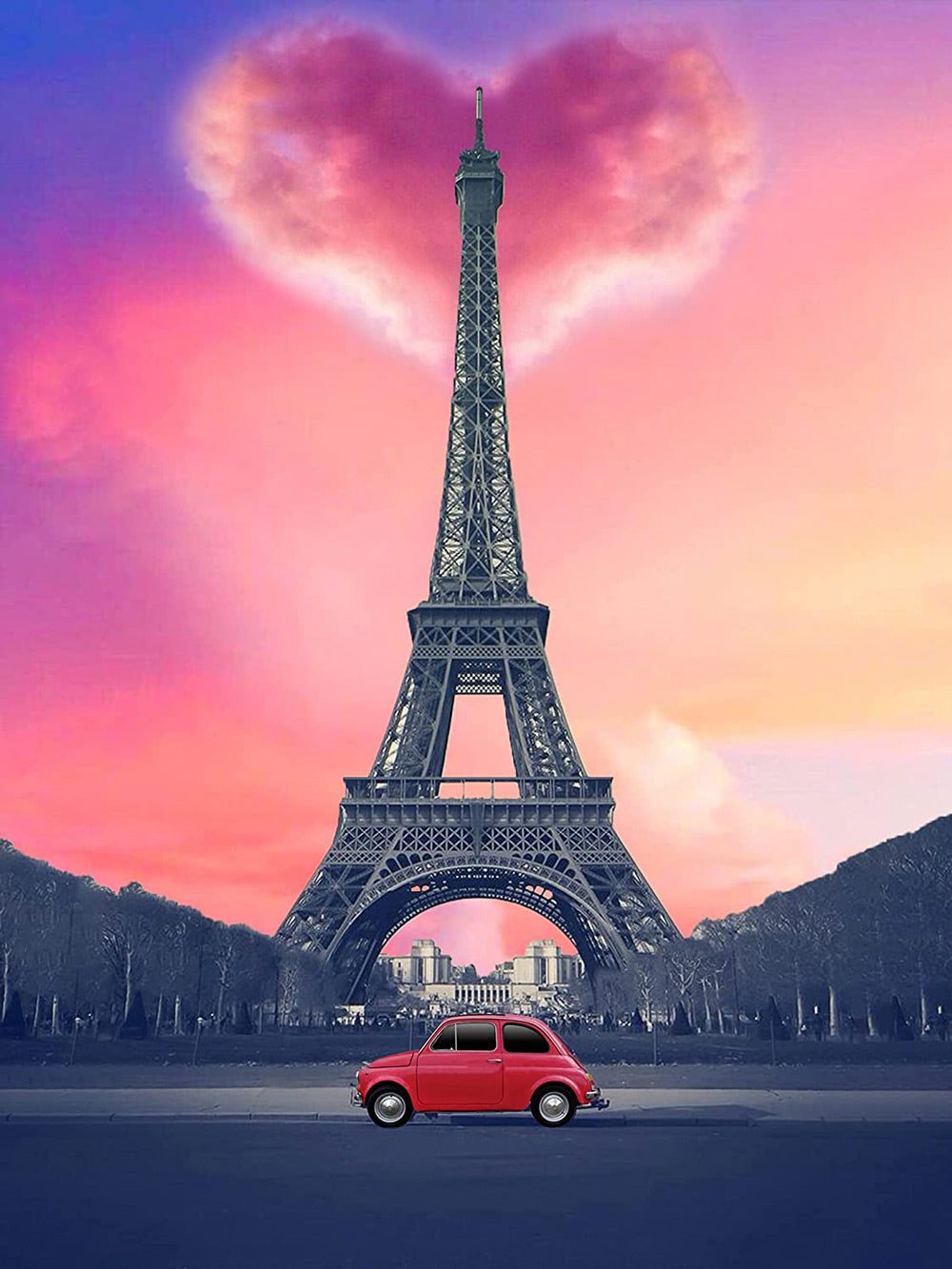 Voiture Rouge devant Tour Eiffel avec de Nuage de Cœur Broderie Diamant