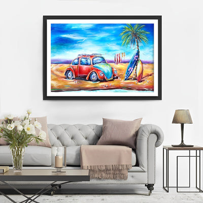 Voiture Rouge sur la Plage Broderie Diamant