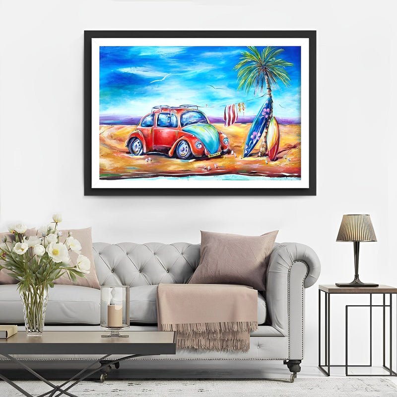Voiture Rouge sur la Plage Broderie Diamant