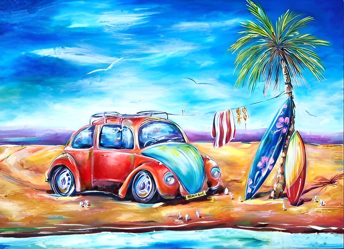 Voiture Rouge sur la Plage Broderie Diamant