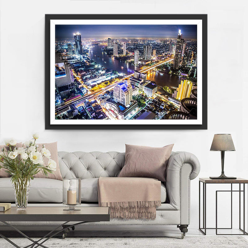 Vue Nocturne de la Rivière Chao Phraya en Thaïlande Broderie Diamant